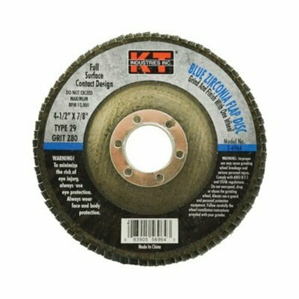 K-T Industries Flap Disc, 4-1/2 in Dia, 7/8 in Arbor, 80 Grit, Zirconium Abrasive 5-6964